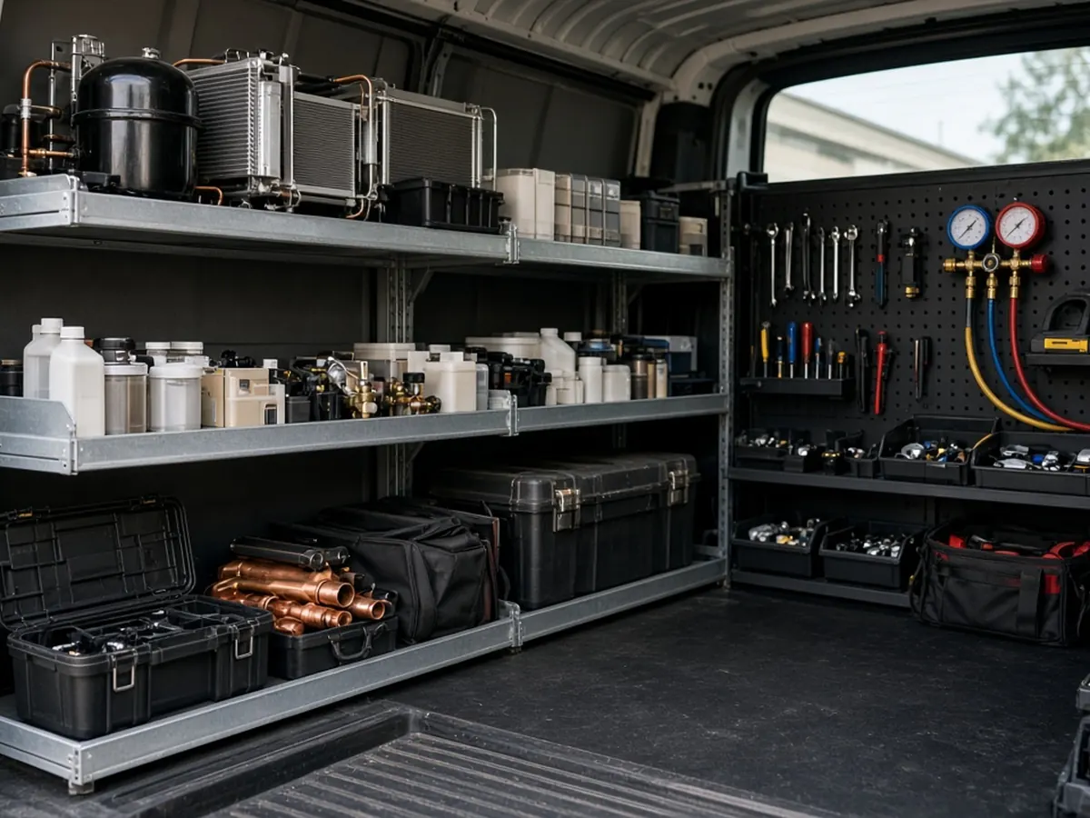 Organized HVAC service van with tools and gauges