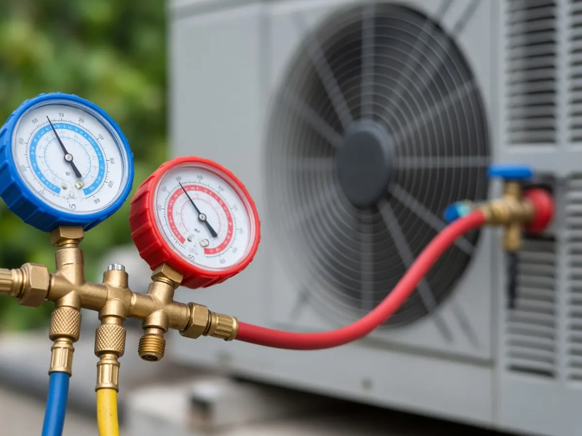 Refrigerant gauges hooked up to an outdoor AC unit